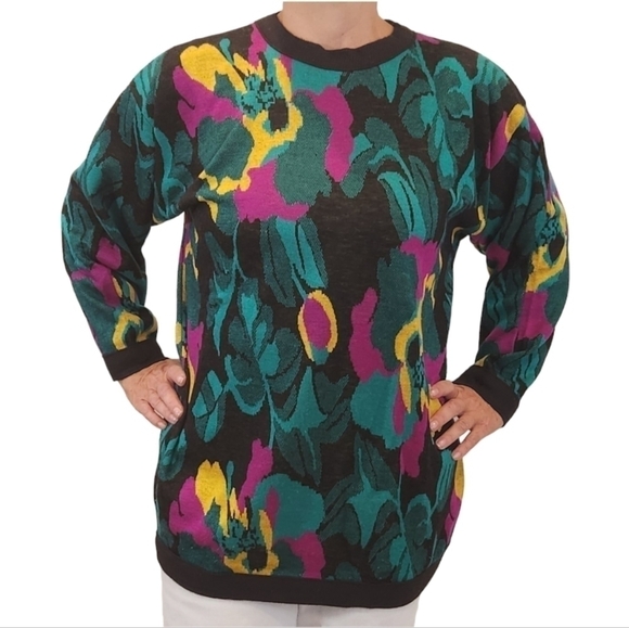 Abstract Floral Green and Black Sweater sz Large USA 90s - Picture 1 of 8